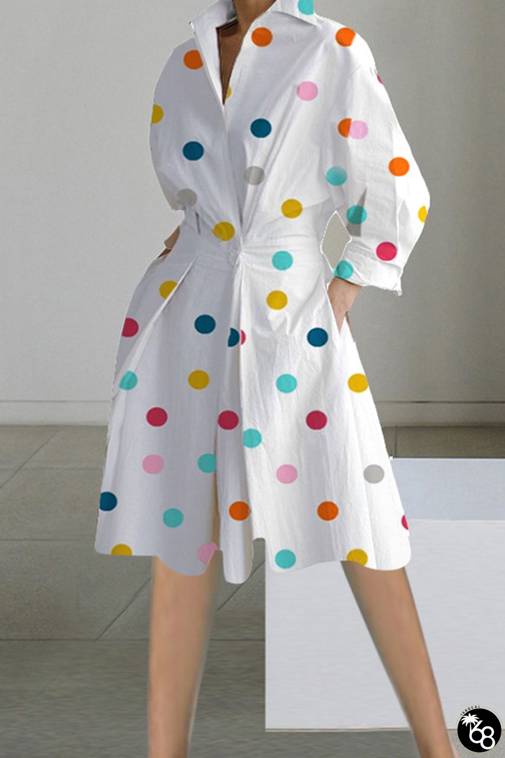 Multi-color Elegant Print Patchwork Buttons Turndown Collar A Line Dresses | 168DEAL