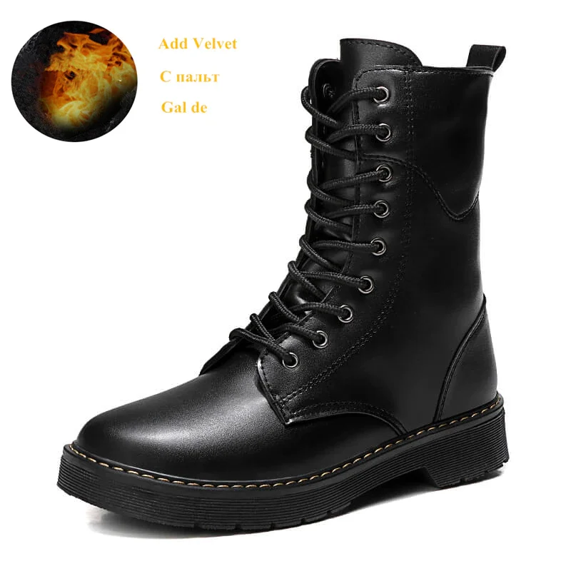 Qengg Couple High Ankle Boots Men Casual Footwear Black Punk Leather Boots For Men Winter Fur Warm Lace Up Men Motorcycle Boot