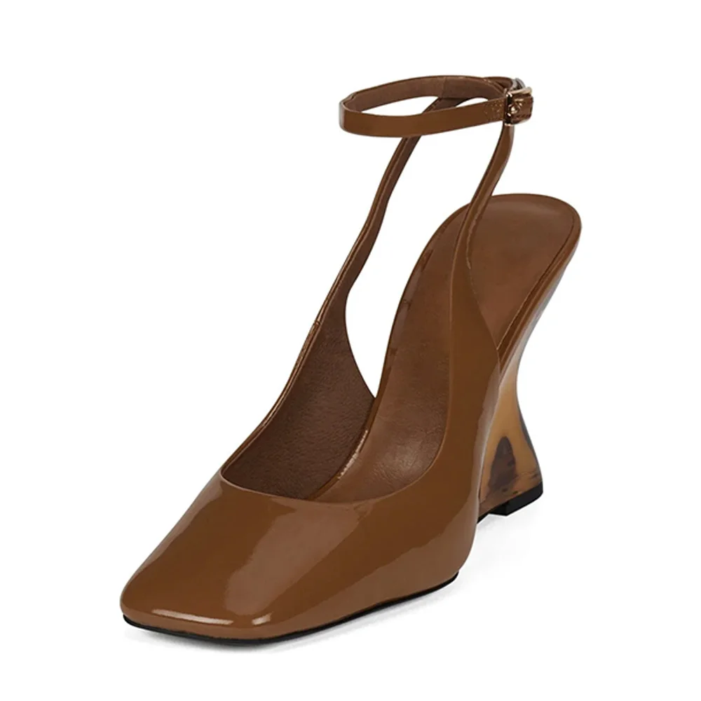 Ankle Strap Square Toe Wedge Heel Slingback Pumps Shoes with Buckle