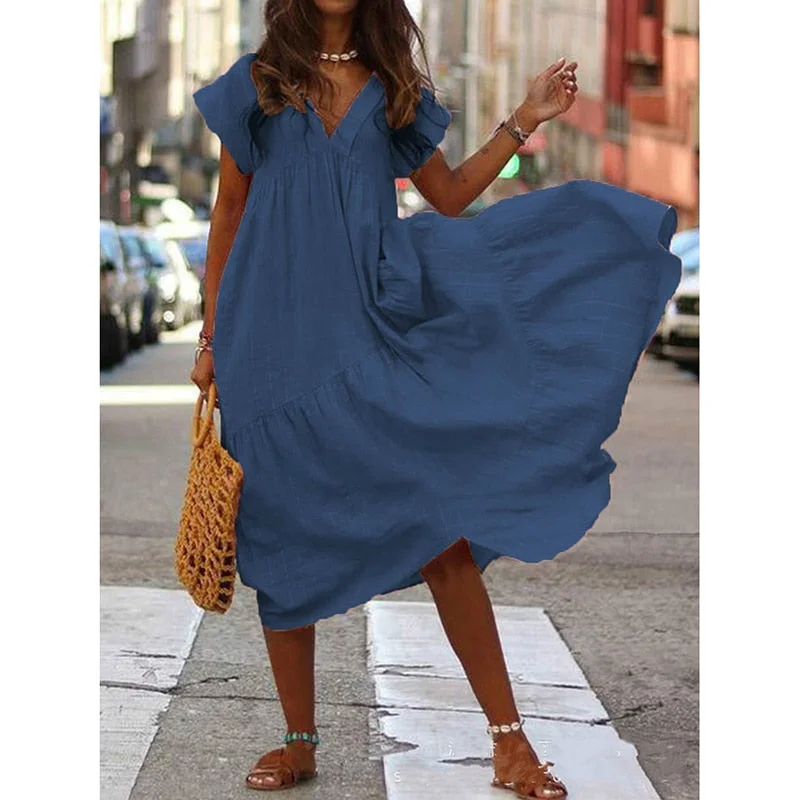 Summer Women Dress Plus Size Short Sleeve Dresses for Women 2021 V Neck Ruffles Dress Woman Sundress Vestido Feminino