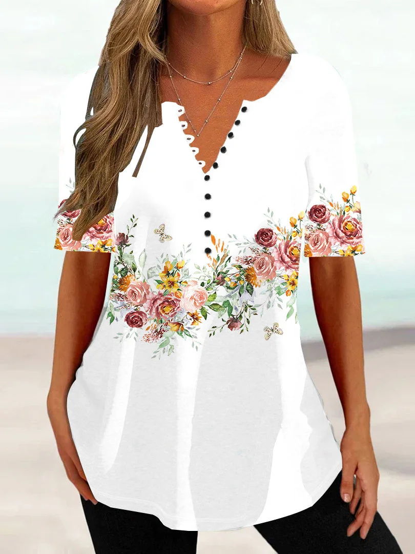 Women Half Sleeve V-neck Floral Printed Tops