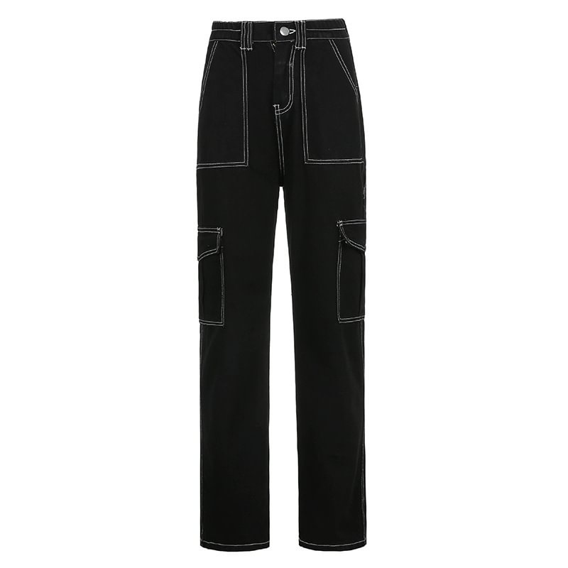 Spring Clothing High Waist Stitching Pocket Straight-leg Pants Casual Versatile Bright Jeans