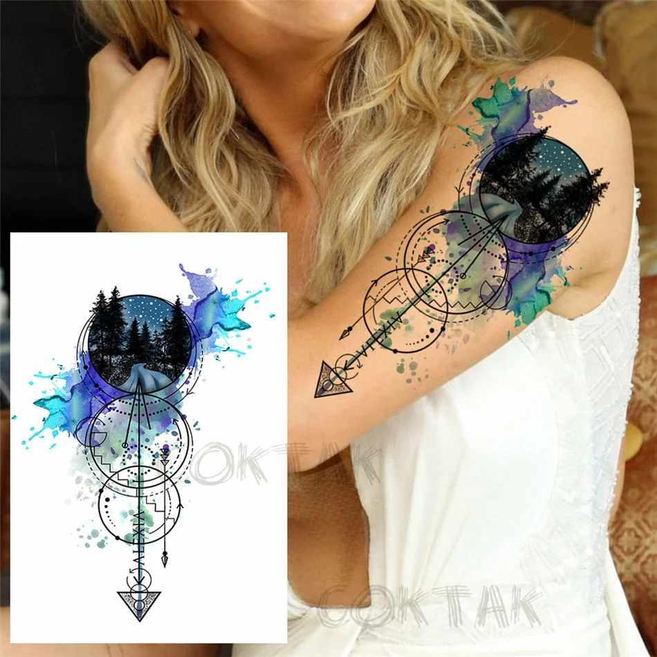Creative Space Temporary Tattoos For Men Women Astronaut Planets Fake Chains Tatoos Temporary Black Mountain DIY Tatoo Geometric