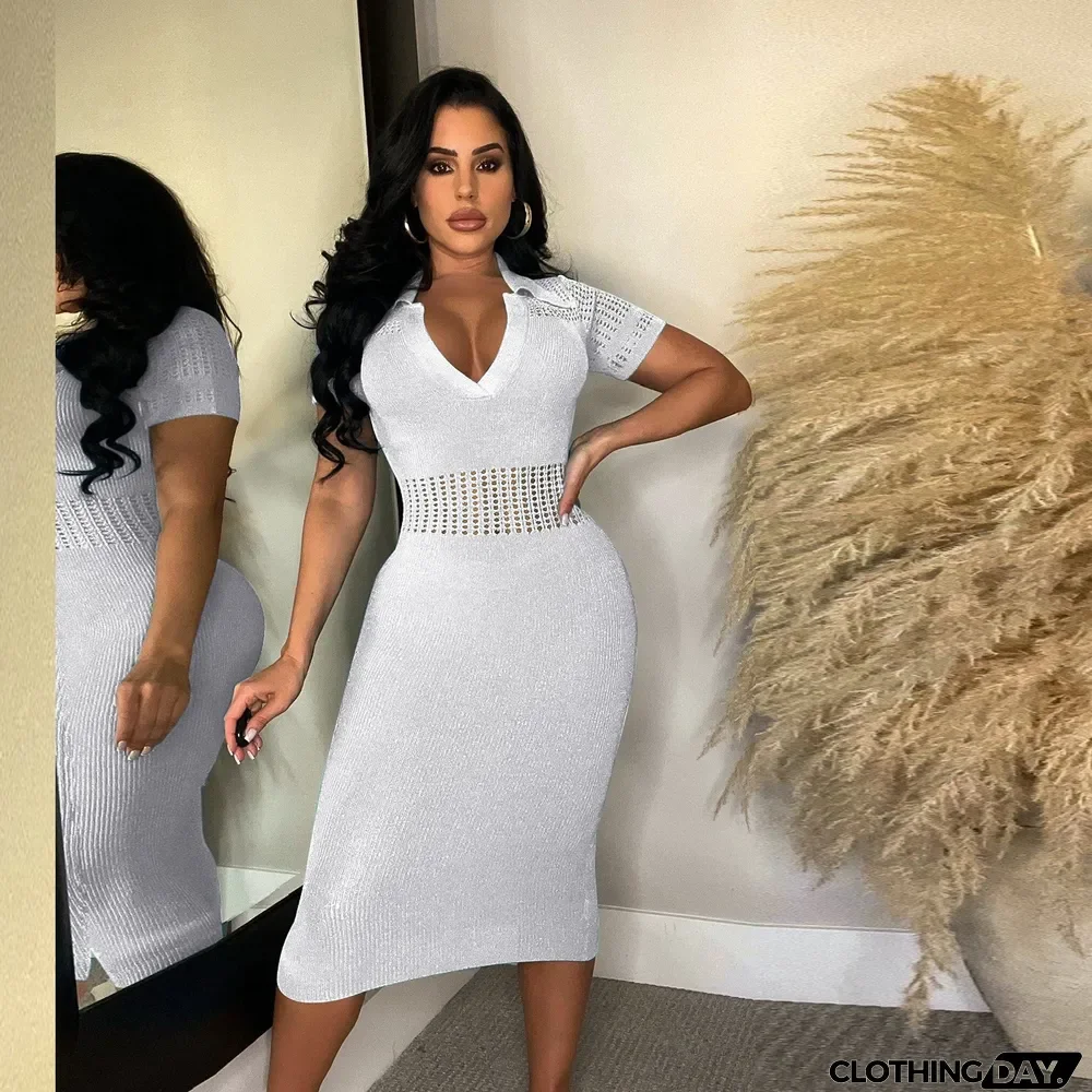 Plus Size Sexy Slim Fit Lapel Sweater Midi Dress