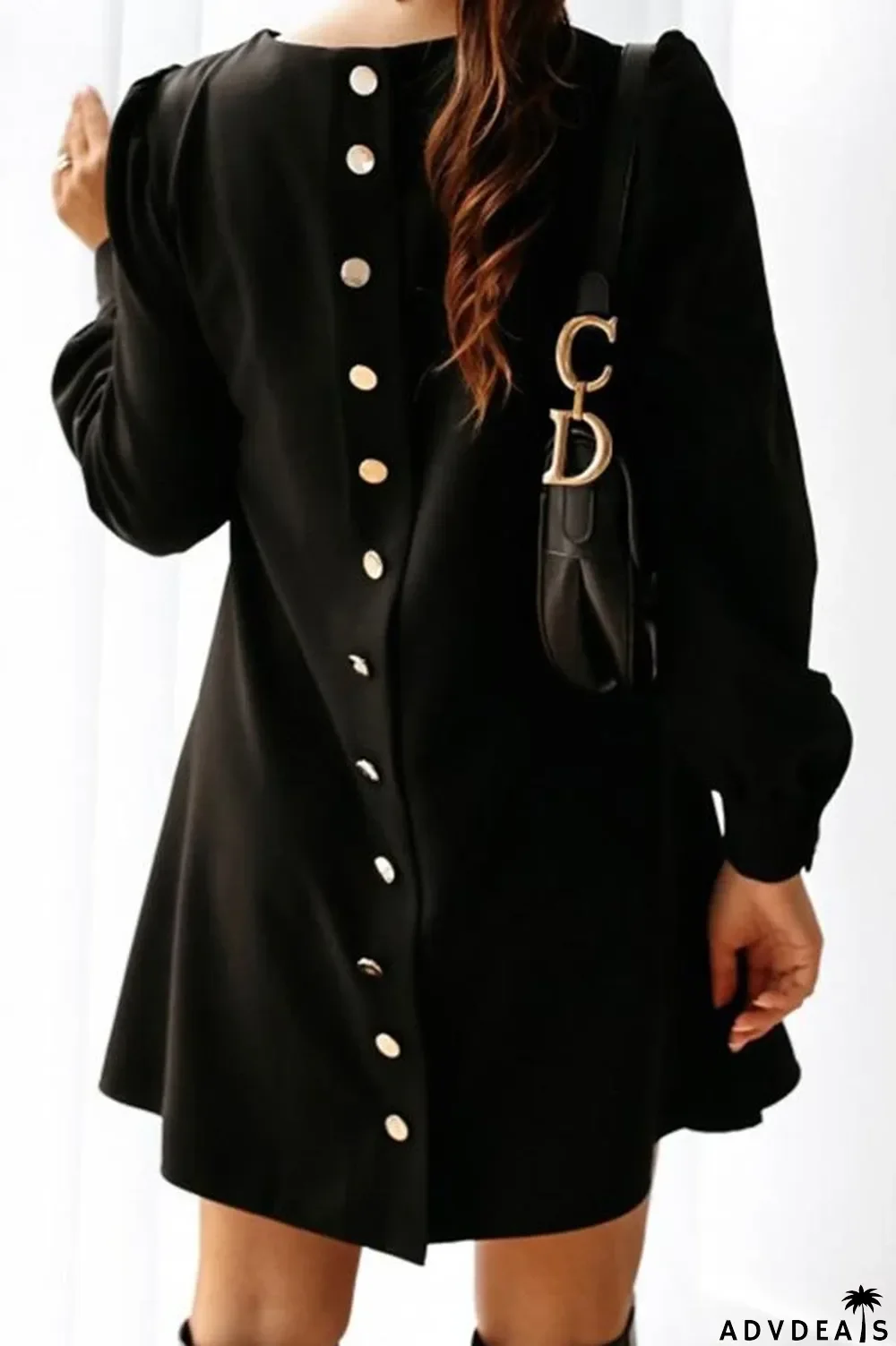 Back Button Solid Color Midi Dress