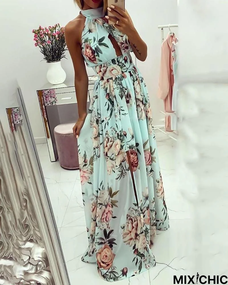 Floral Print Knotted Cutout Back Maxi Dress