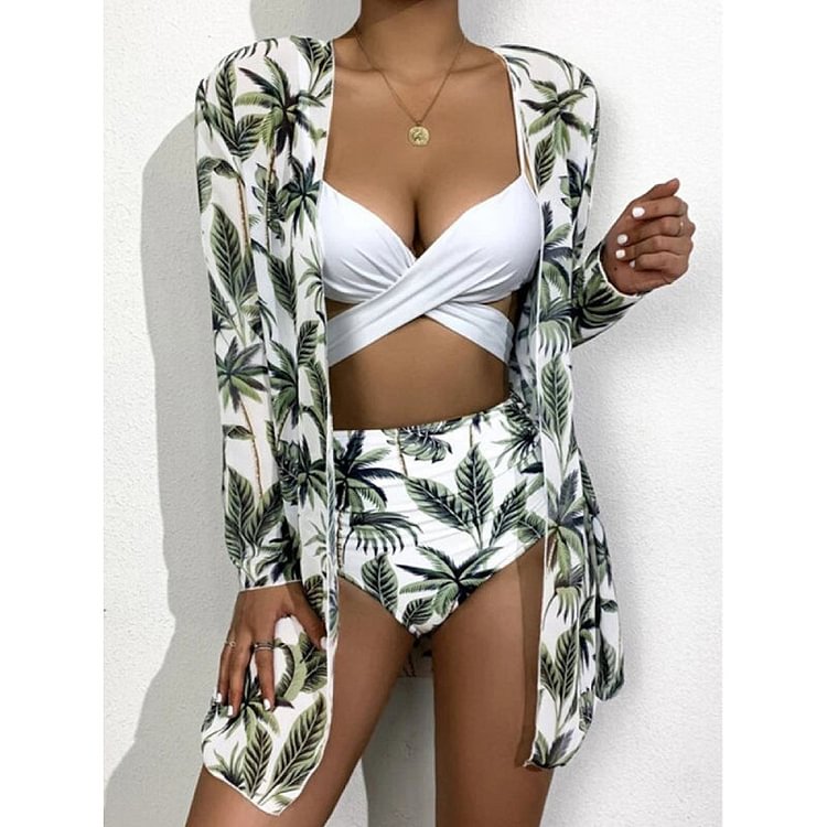 V Neck Sling Coconut Tree Printed Bikini Swimsuit Three-piece Set