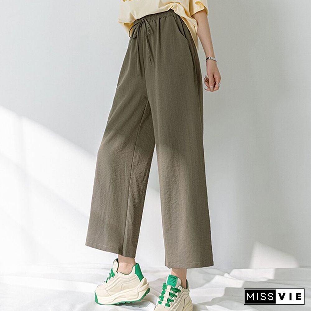 Chic Streetwear Women Y2k Cotton Linen Wide Leg Pants Summer Elastic Waist Ankle-length Pants Lace Up Harajuku Casual Pants