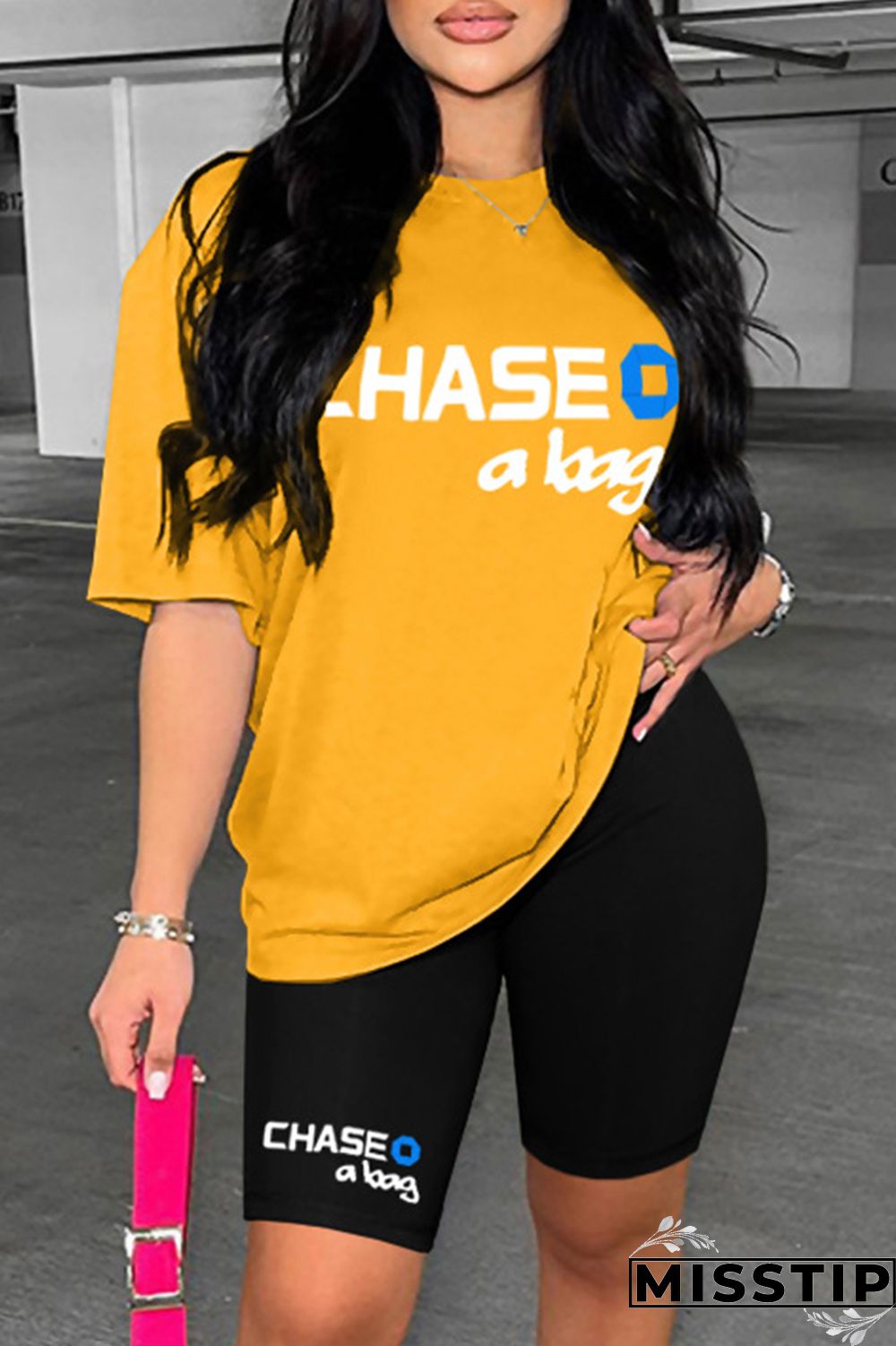 Ginger Casual Letter Print Basic O Neck Short Sleeve Two Pieces