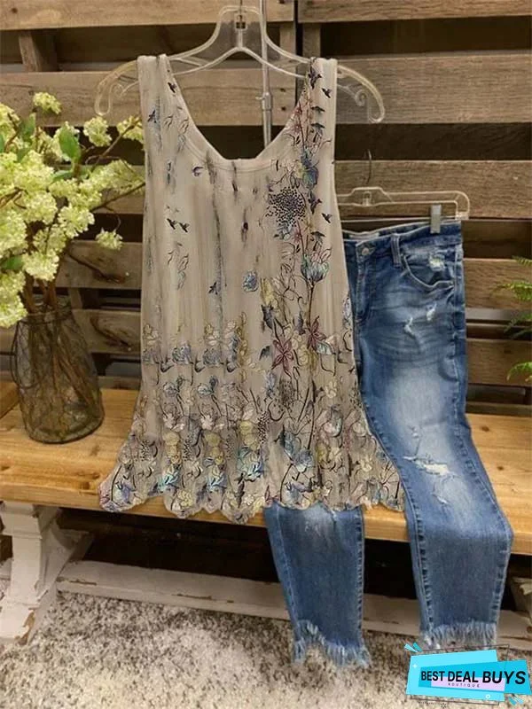 Floral-print V Neck Sleeveless Casual Tunic Top