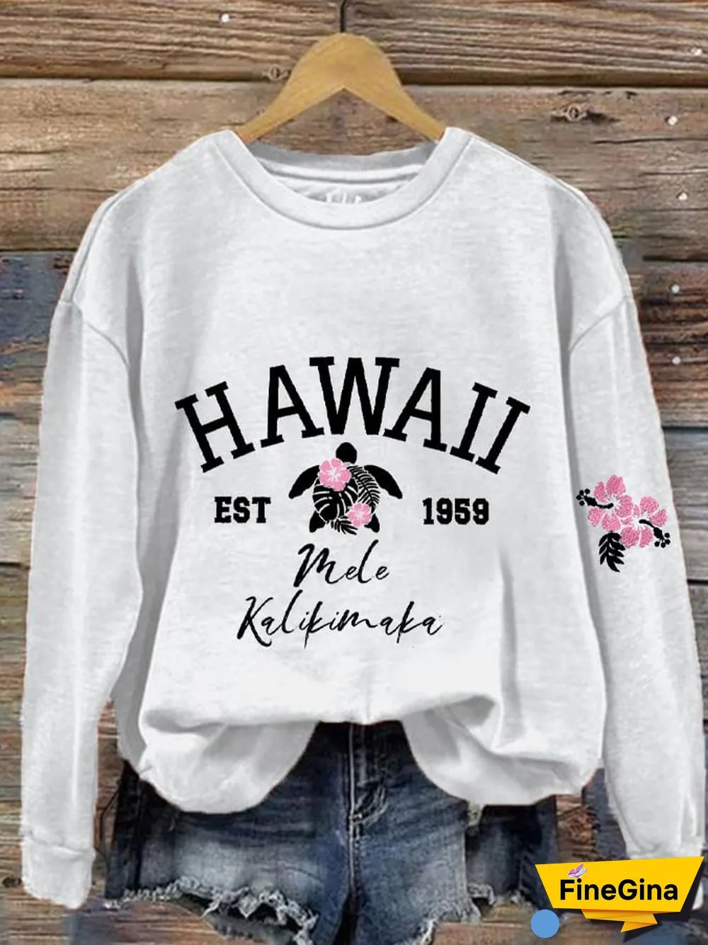 Women's Christmas Hawaiian Mele Kalikimaka Hibiscus Flower Sea Turtle Print Sweatshirt