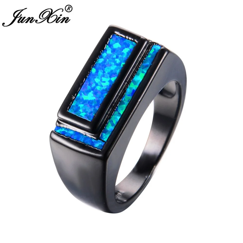 JUNXIN New Geometric Design Men Women Blue Fire Opal Ring Vintage Black Gold Wedding Rings Classical Jewelry Gifts