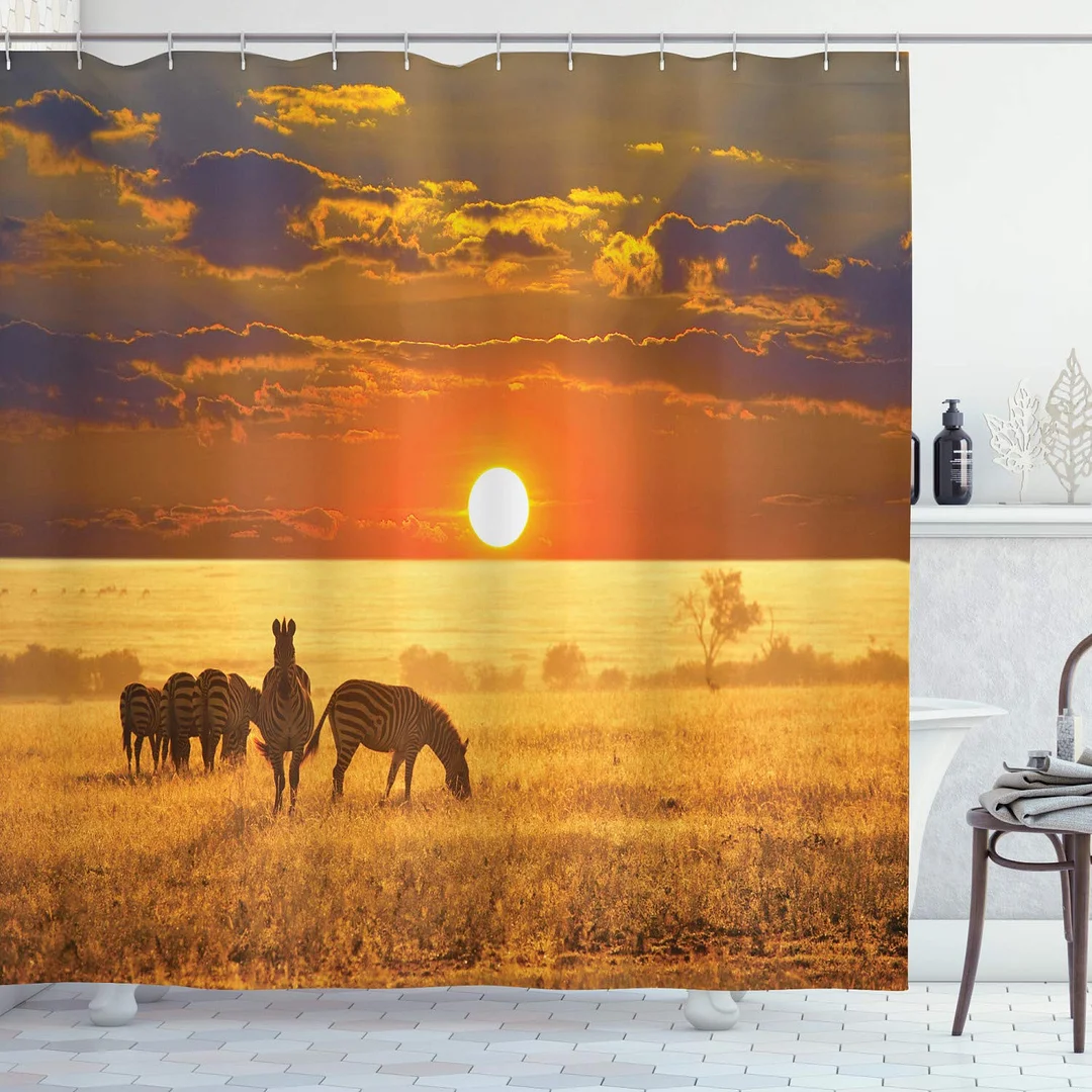 Africa Shower Curtain Safari Animal With Giraffe With Majestic Tree Sunrise Home Waterproof Fabric Bathroom Decor Set With Hooks