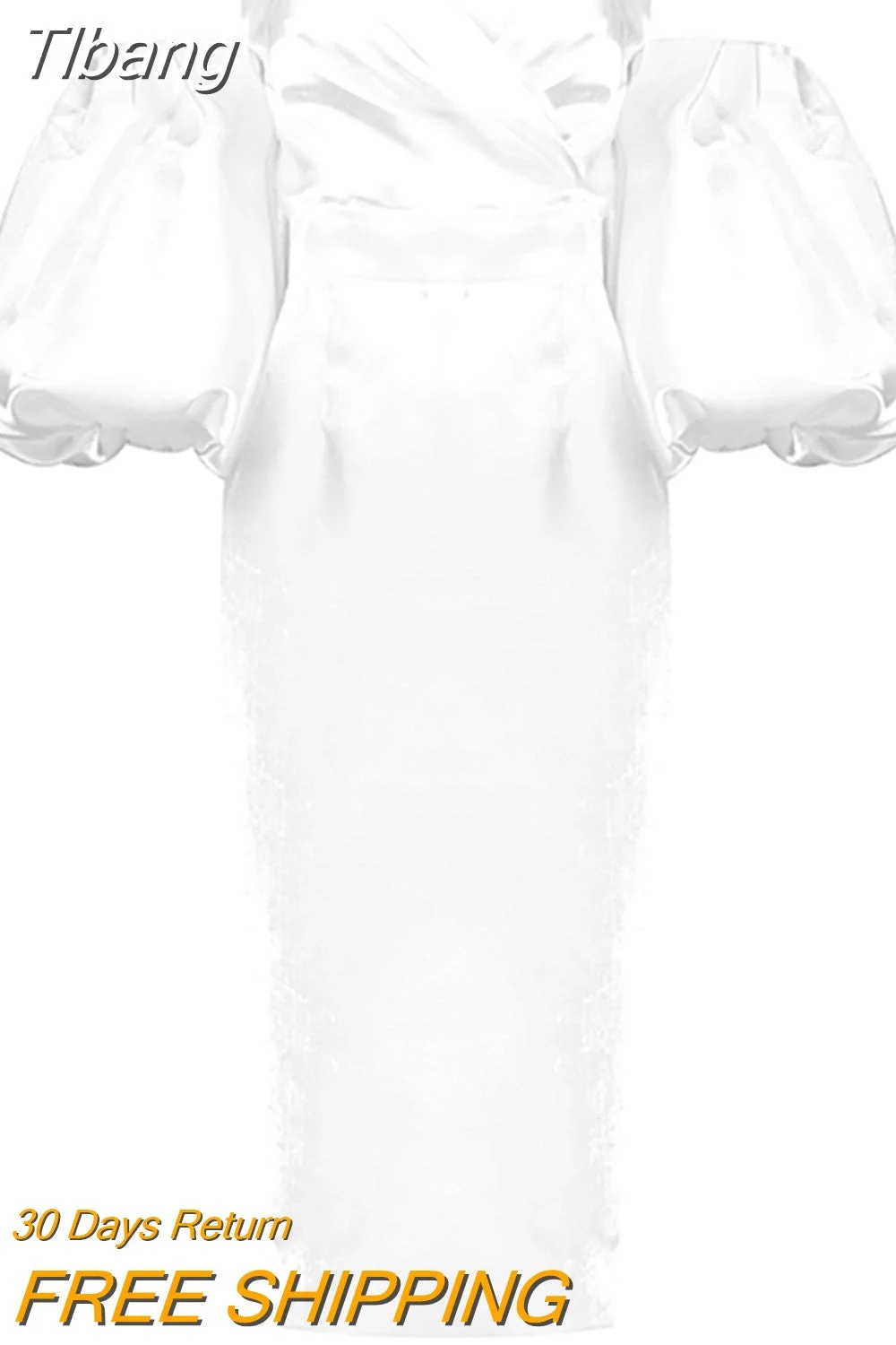 Tlbang V-neck Strapless Puff Sleeve Satin Midi Dress Women Off the Shoulder Lantern Sleeve Knee-Length Dress Party Evening Dress