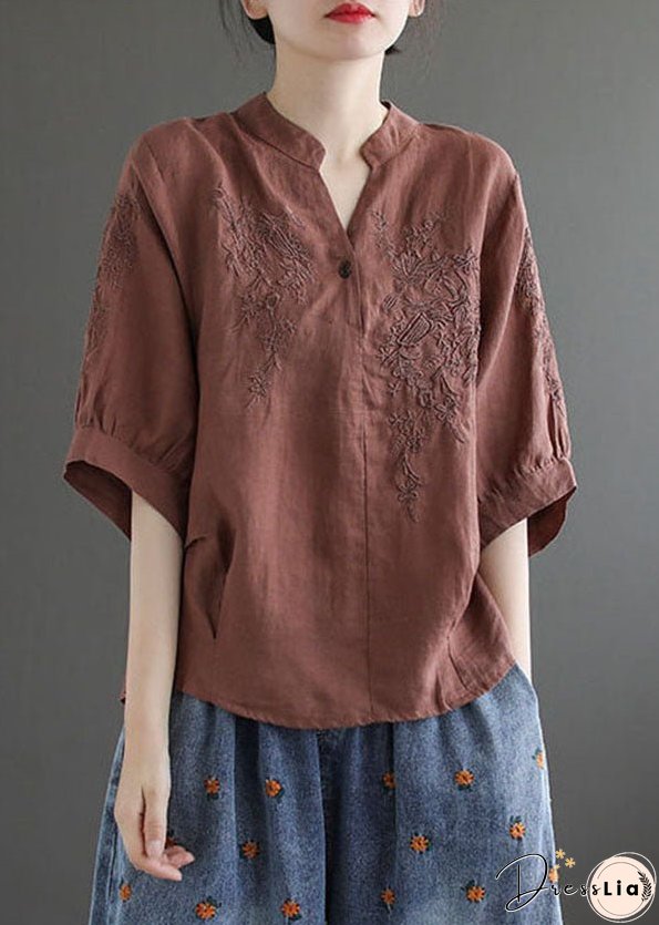 Women Coffee V Neck Embroideried Wrinkled Linen Blouse Top Lantern Sleeve