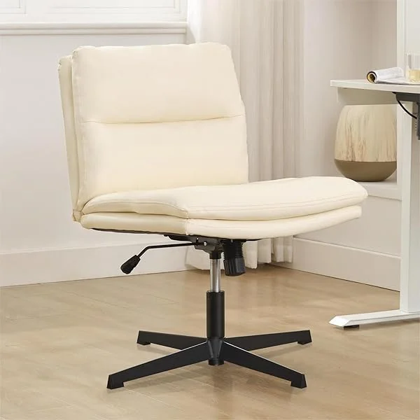 Armless Criss Cross Chair No Wheels, Wide Seat Cross Legged Comfy Office Desk Chair No Wheels, Fabric Height Adjustable Swivel Computer Task Chair for Home, Office, Modern Vanity Chair, Beige Beige No Wheels
