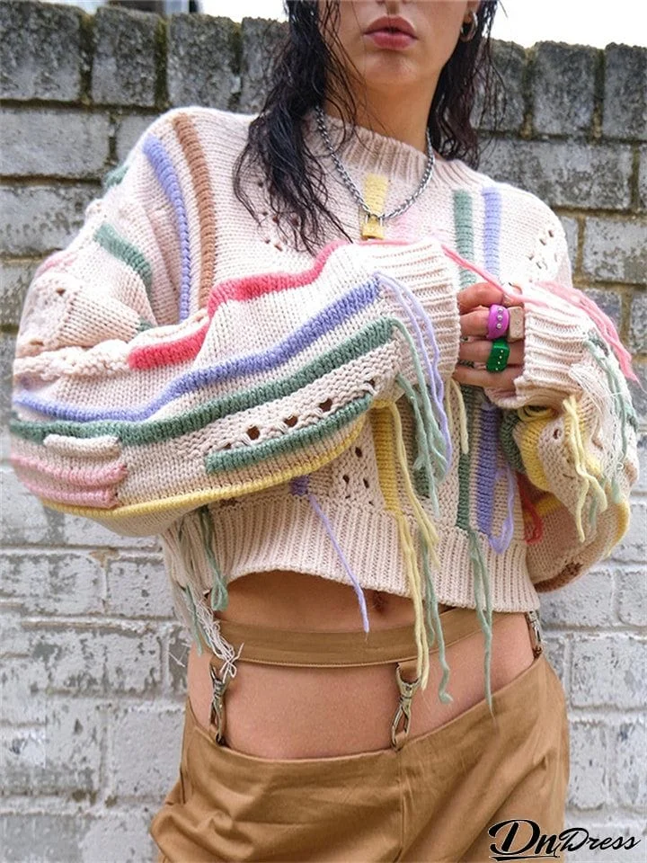 Fashion Contrast Color Round Neck Crop Top Women Knitted Sweaters