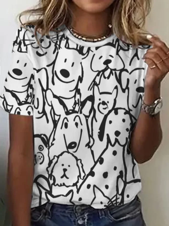 Women's Animal Puppy Print Crew Neck Short Sleeve T-Shirt