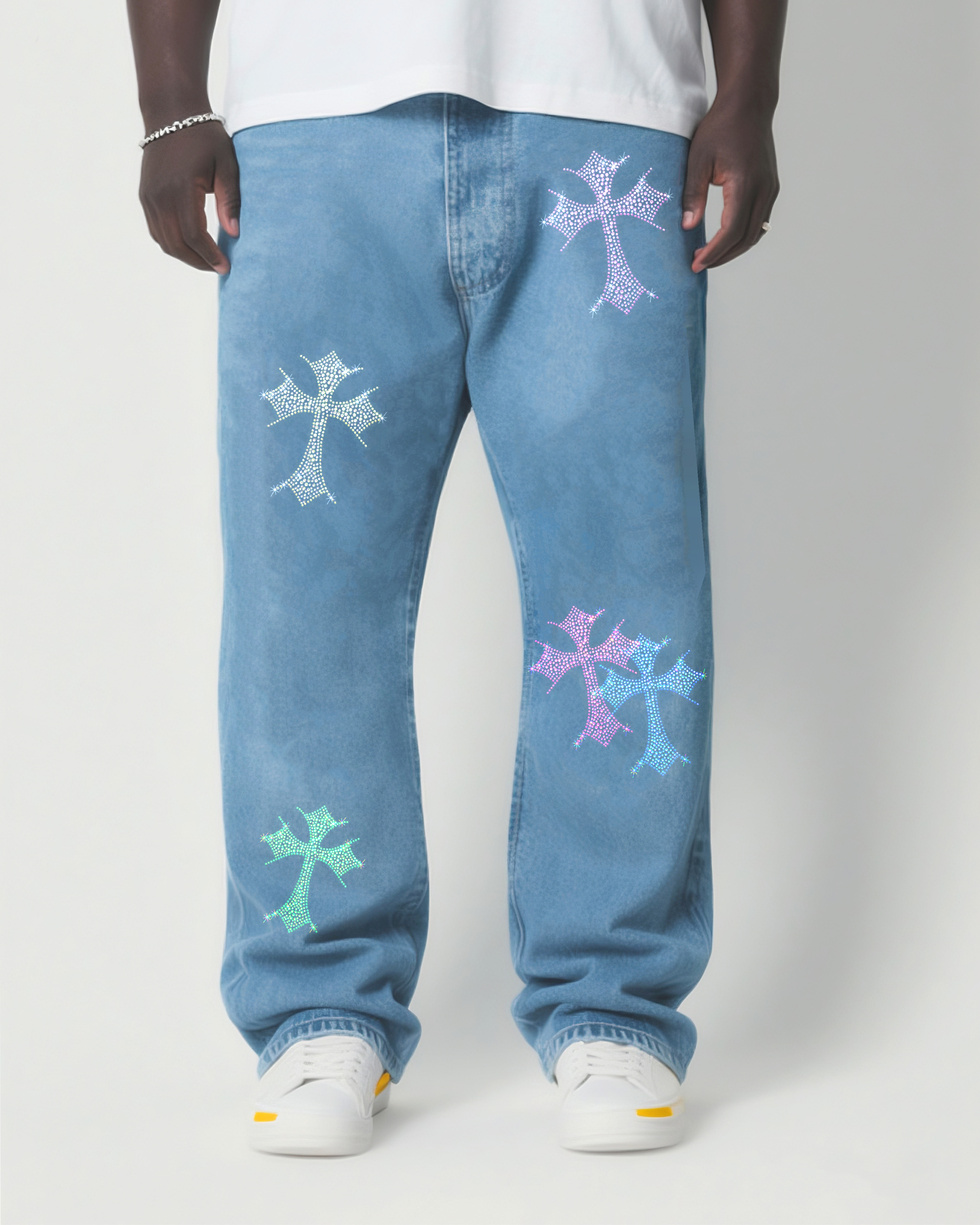 Big & Tall Men's Fashion Street Color Rhinestone Wash Water Denim Trousers