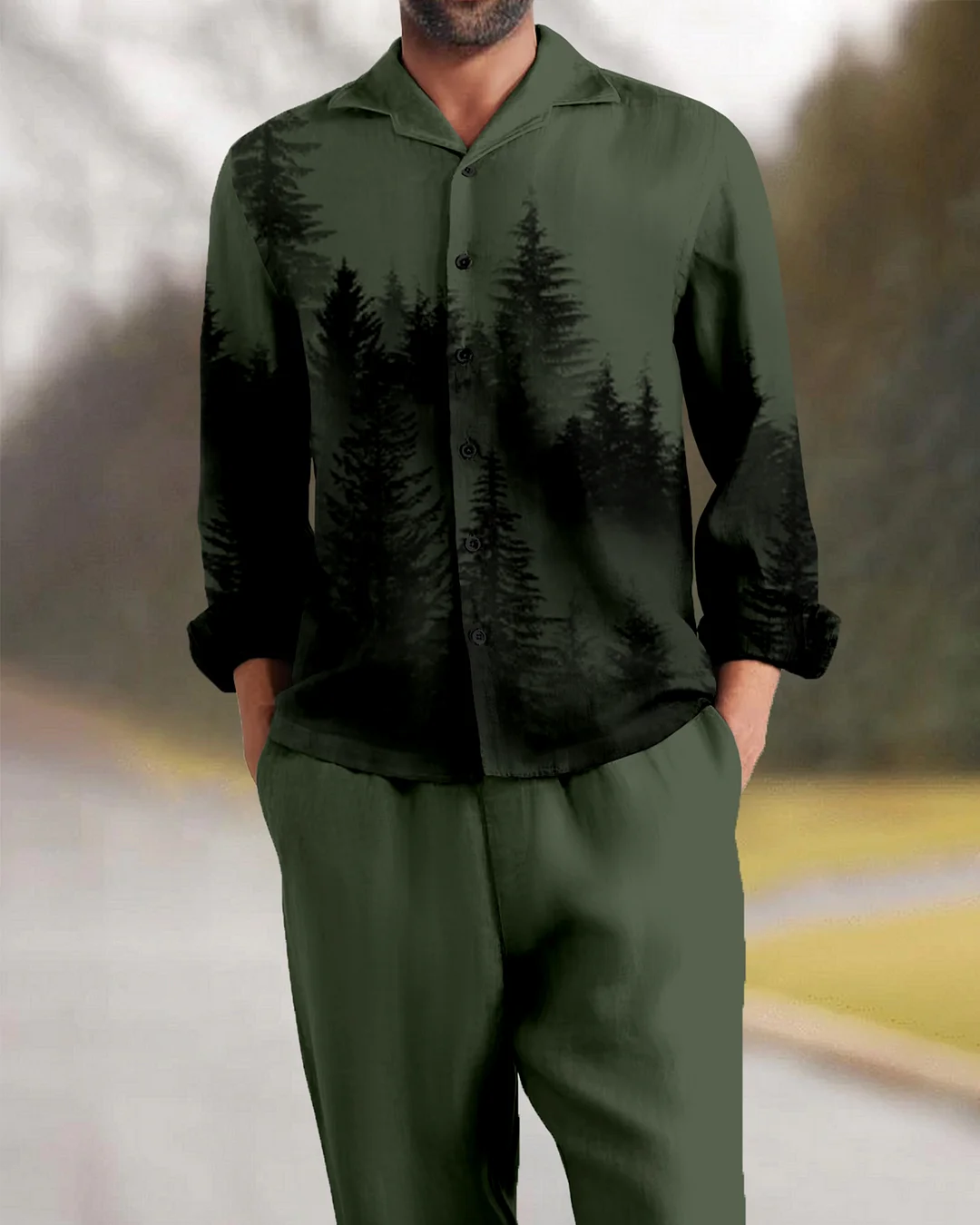 Suitmens Men's Retro Forest Mountain Long Sleeve Walking Suits-0127