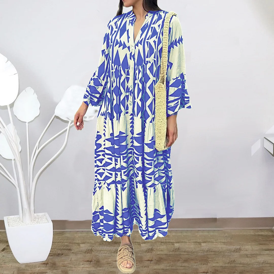 Nigikala Nigikala Large-Size Women's New Temperament Printed Shirt Dress Bohemian Dress