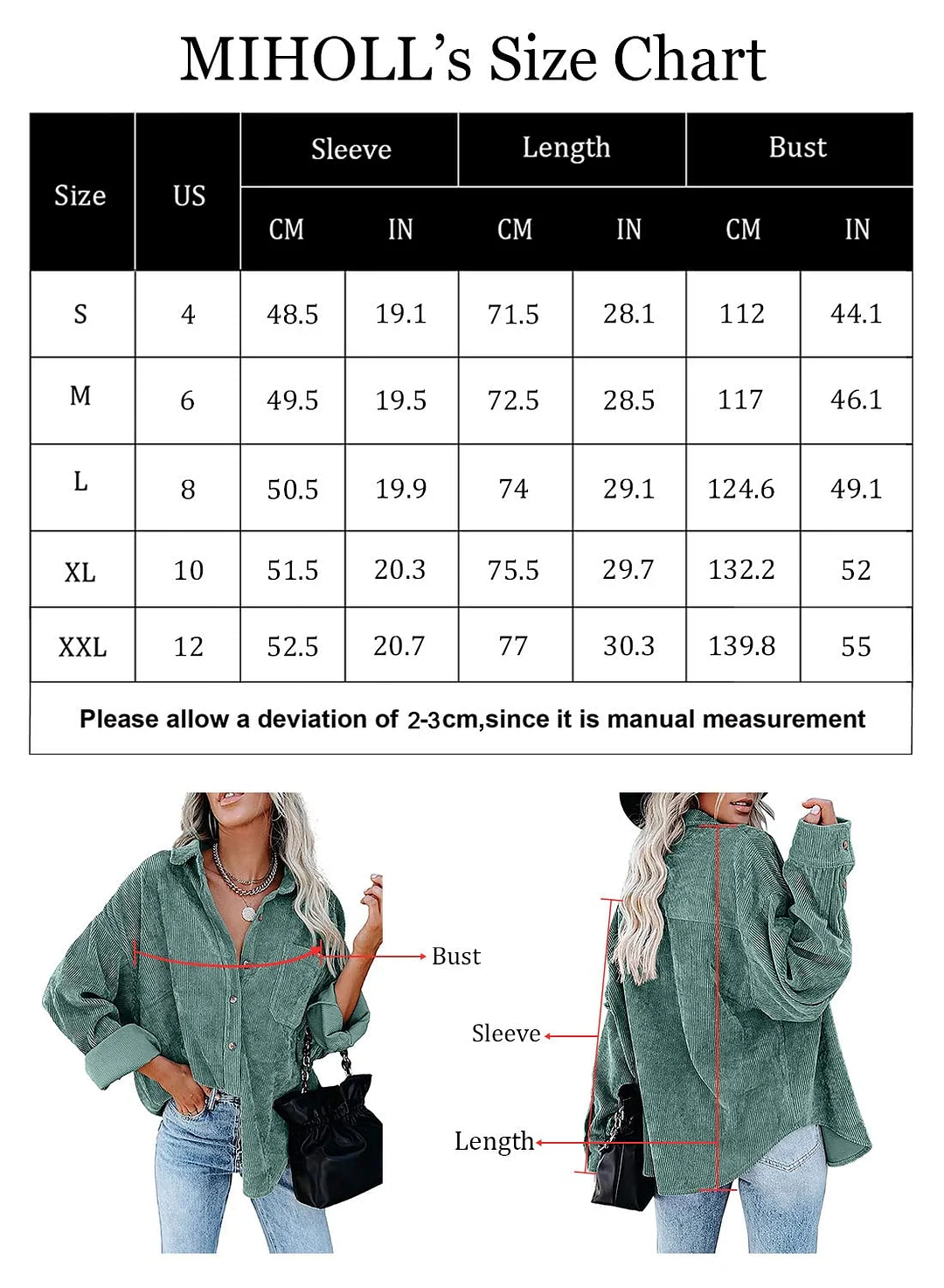MIHOLL Women Corduroy Long Sleeve Button Down Collared Shirt Jacket Tops