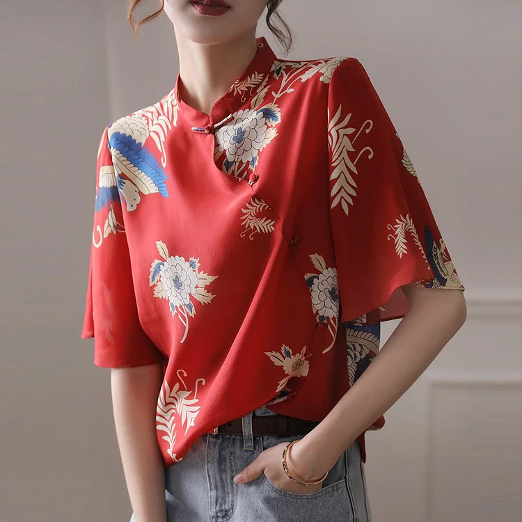 Red Short Sleeve Printed Casual Shirts & Tops QueenFunky