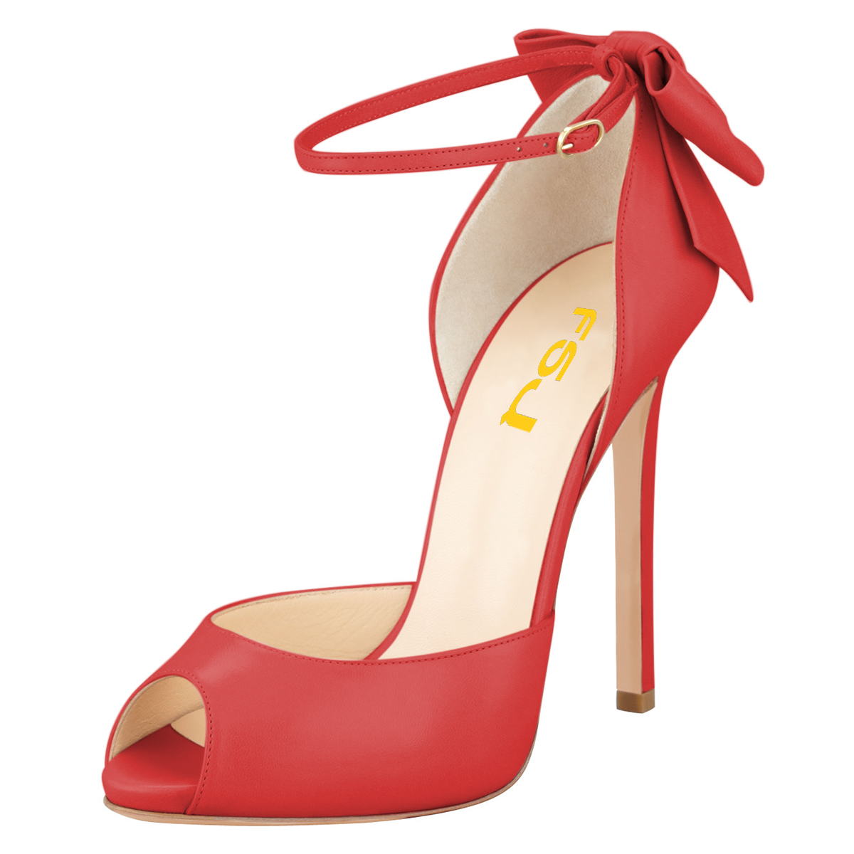 Red Vegan Leather Peep Toe Bow Ankle Strap Pumps with Stiletto Heel Nicepairs