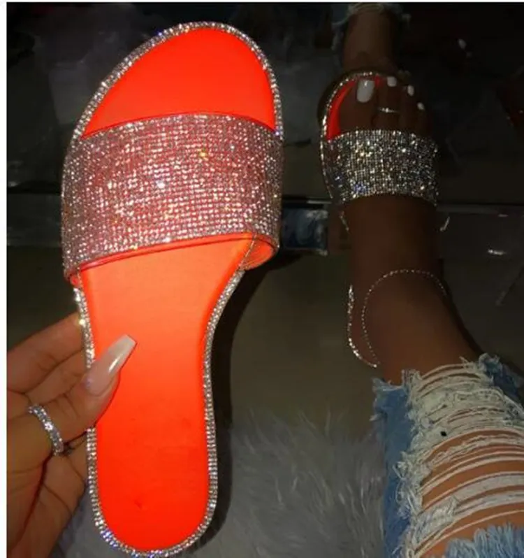 Breakj Breakj Summer Women's Flat Bottom Slippers Large Code New Bright Drill Flat Bottom Slippers Women Cold Slippers