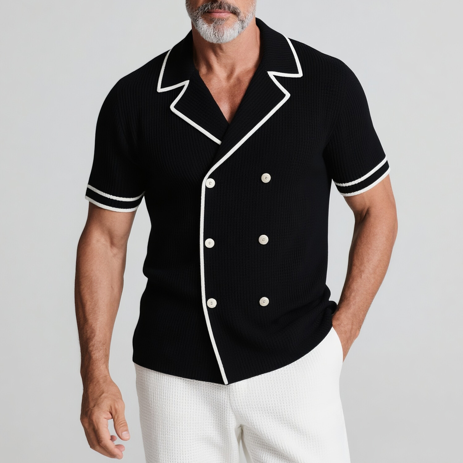 Men's Knitted Lapel Collar Double Breasted Contrast Binding Short Sleeve Shirt