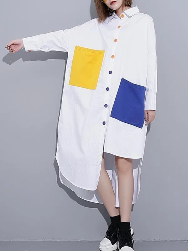 Long Sleeves Loose Asymmetric Buttoned Contrast Color Pockets Lapel Midi Dresses Shirt Dress