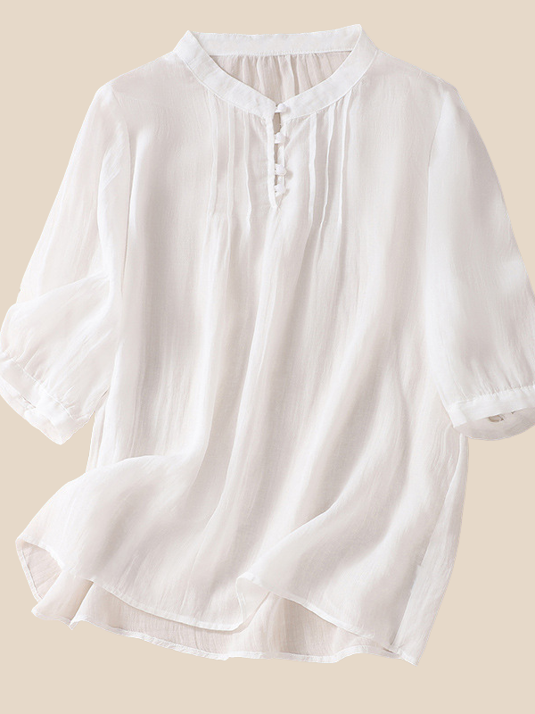 Women's Cotton Linen Blouse Pleated Crew Neck Mid Sleeve Lightweight Top