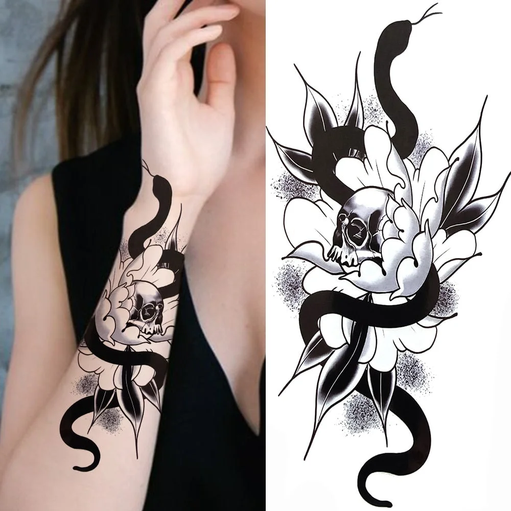 Clock Flower Tattoo Sticker Fake Tiger Lion Deer Snake Temporary Tattoo For Momen Kids Black Evil Devil Tribal Totem Tatoo Paper 712