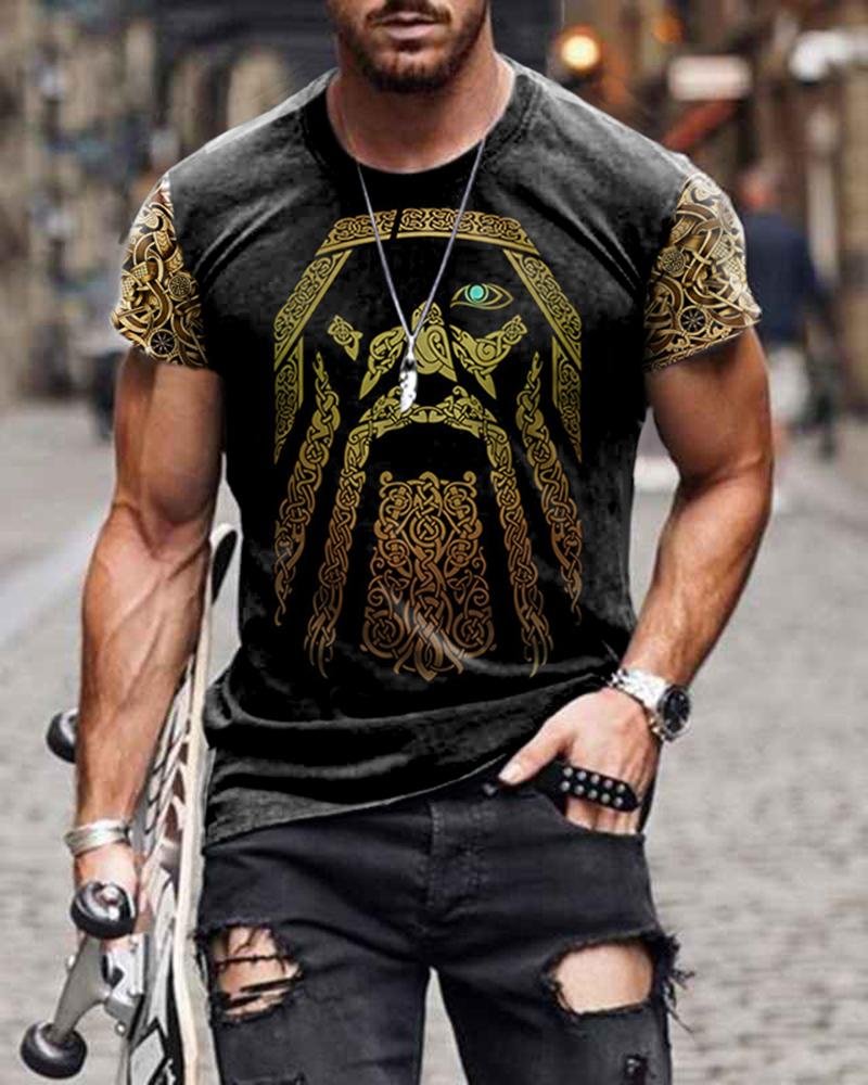 Slim-fit Short-sleeved Black-gold Armor Graphic Poker Casual T-shirt