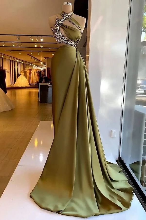 Lussooy Stain Stunning Sleeveless Beading Long Prom Dress with Ruffle
