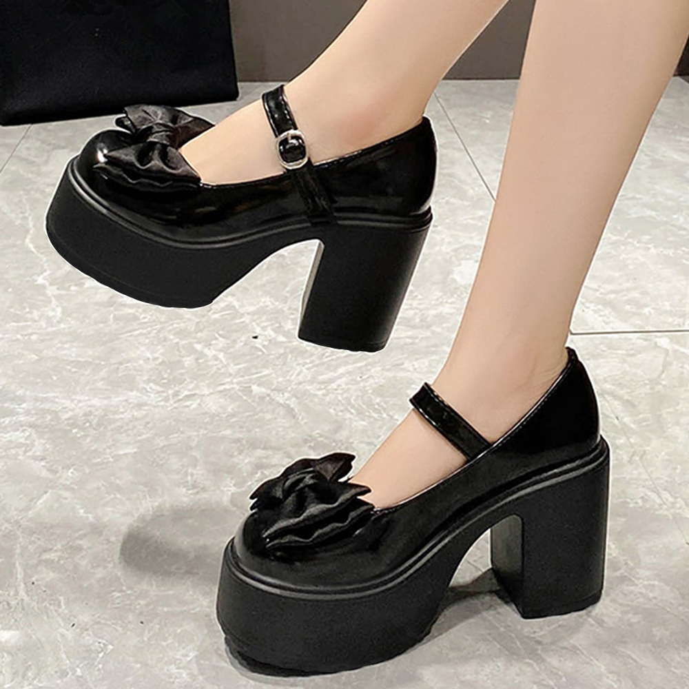 Black Rounded Toe 3'' Chunky Heel Mary Jane Pumps with Platform Nicepairs
