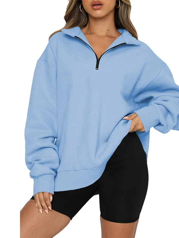 Casual Loose Solid Color Zipper Stand Collar Sweatshirt Tops