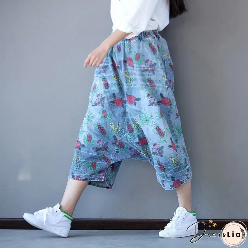 Retro Printed Loose Denim Pants