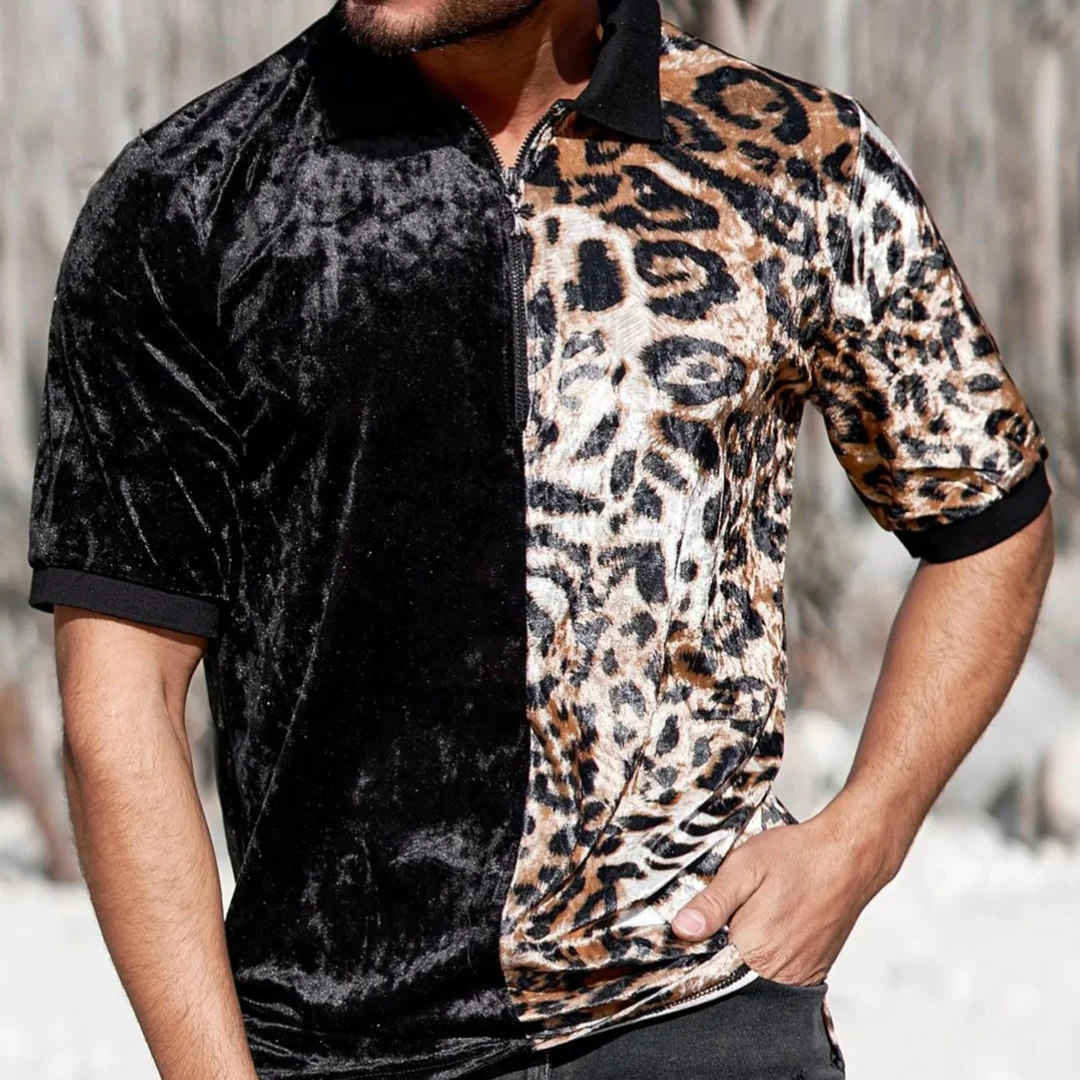 Men's Velvet Leopard Panel Polo Shirt