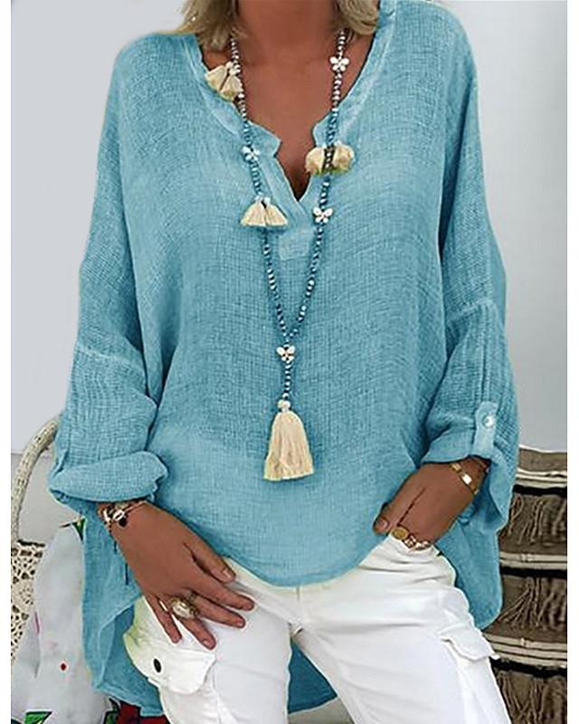 Women's Plus Size T shirt Solid Colored Long Sleeve V Neck Tops Loose Basic Top White Black Blushing Pink-806