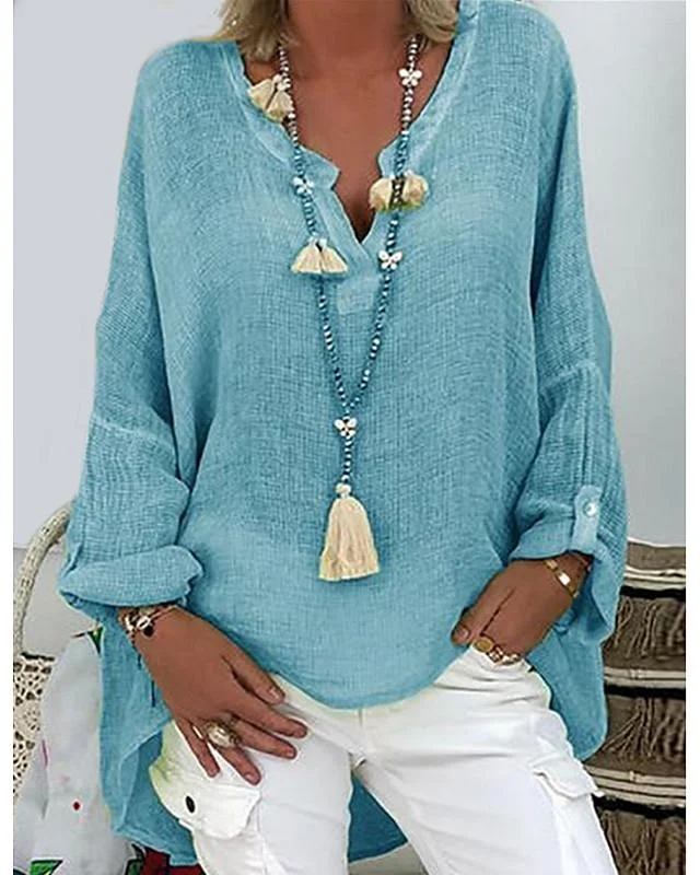 Women's Plus Size T shirt Solid Colored Long Sleeve V Neck Tops Loose Basic Top White Black Blushing Pink-806