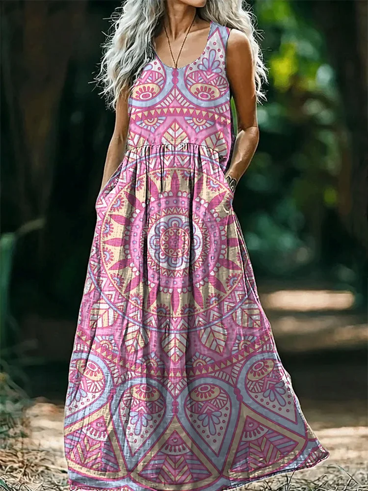 Women's Mandala Embellished Pattern Art Print Round Neck Sleeveless Cotton Pocket Dress