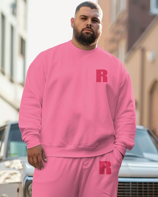 Men's Plus Size Simple All-Match Same Color Pink Sweatshirt Two-Piece Set