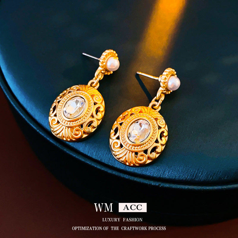 Luxurious Round Ellipse Geometric Flower Artificial Pearl Diamond Inlay Earrings