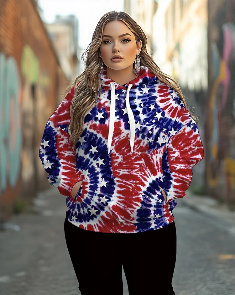 Women's Plus Size Tie-Dye American Flag Print Long-Sleeved Hoodie