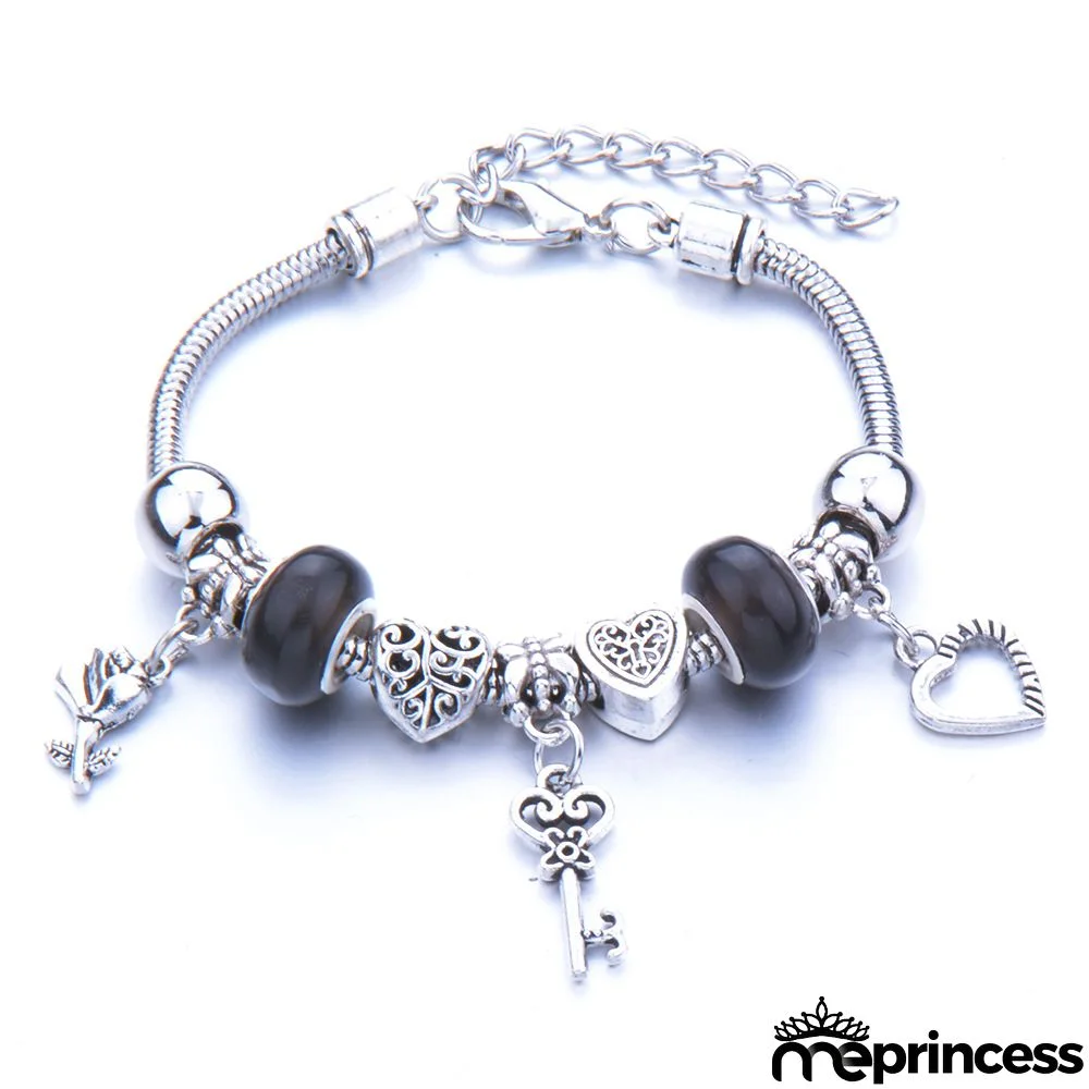 Women Fashion Rhinestone Butterfly Crown Pendant Beaded Bracelet