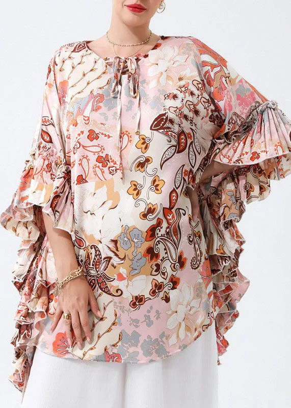 Loose Pink Print Ruffled Laace Up Chiffon Blouse Tops Butterfly Sleeve
