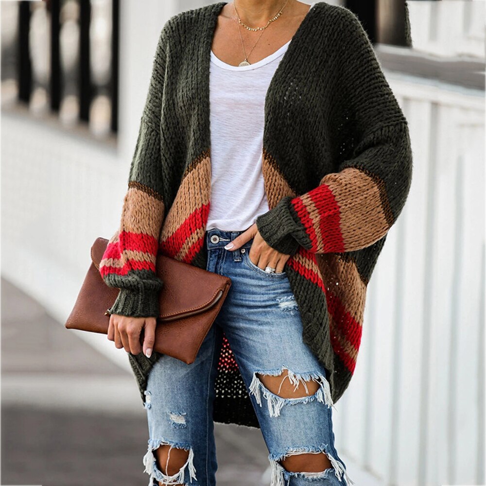 Fashion Women Striped Patchwork Knitted Cardigans