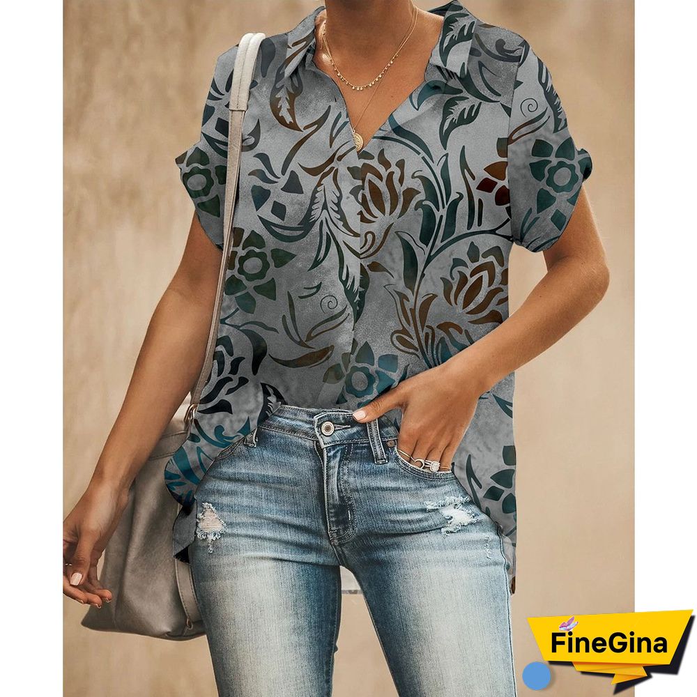 Printed Short Sleeve Lapel Women Shirt