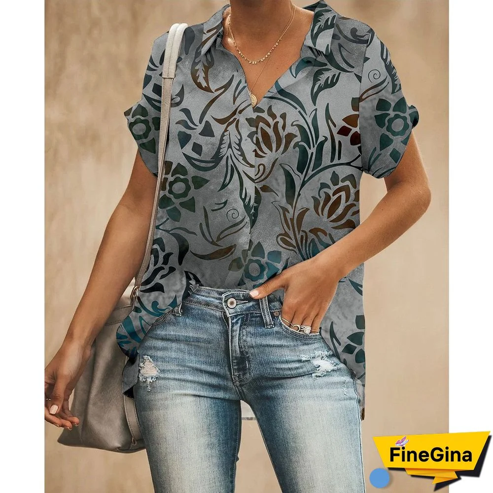 Printed Short Sleeve Lapel Women Shirt